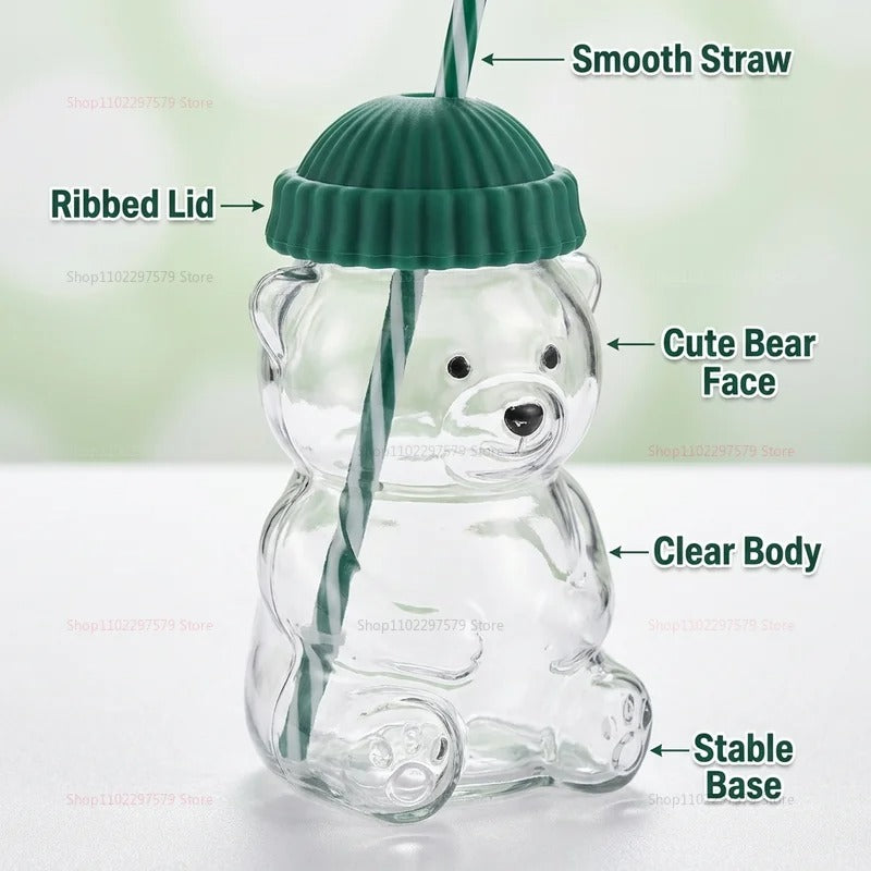 Bear Shaped Glass Tumbler with Lid & Straw