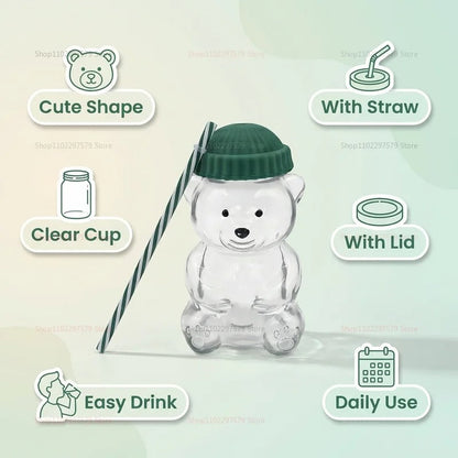 Bear Shaped Glass Tumbler with Lid & Straw