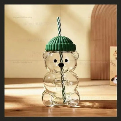 Bear Shaped Glass Tumbler with Lid & Straw